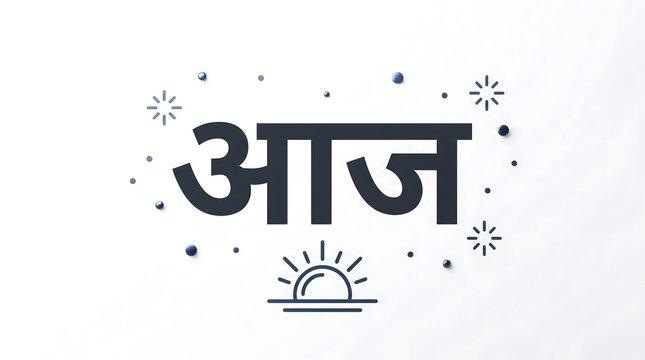 Aaj hindi word meaning today with sun icon and decorative dots on white clean background.
