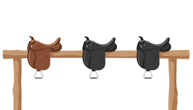 Set of three professional horse saddles hanging neatly along a horizontal wooden paddock fence against a clean white backdrop.