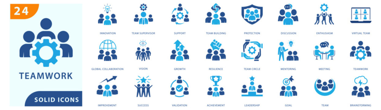 modern teamwork solid icon set featuring innovation, team supervisor, support, team building, protection, discussion, enthusiasm, virtual team, global collaboration, and other