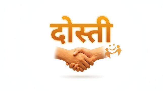 Hindi word dosti written in orange with handshake and people icon on plain white background.
