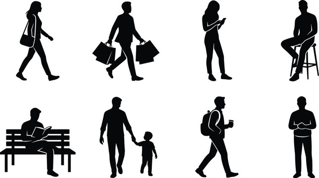 Set of diverse people silhouettes in casual and everyday poses for modern graphic design projects