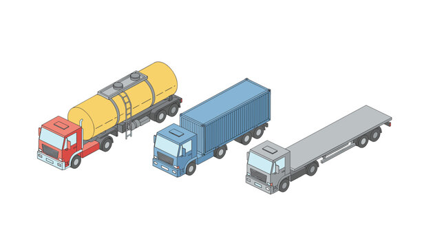 Three isometric cargo trucks including a tanker, a container truck, and a flatbed vehicle displayed against a clean white background.