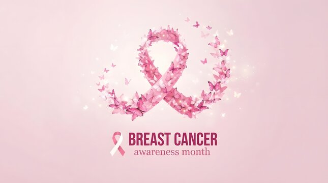 Breast cancer awareness month pink ribbon with butterflies hope support