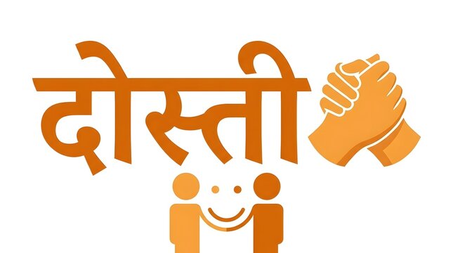 Stylized hindi text dosti for friendship with flat orange icons of hands and smiling faces.