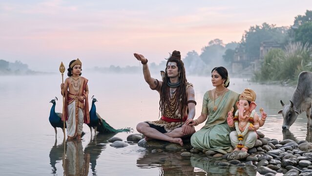 Shiv Parivar River Ritual &ndash; Sacred Morning Devotional Scene