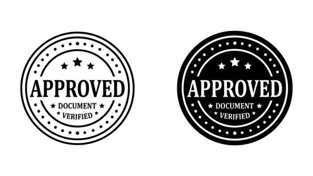 Approved Stamp Design: Two circular stamps, one black and white and one black, both featuring the word APPROVED prominently, along with DOCUMENT VERIFIED and star accents.