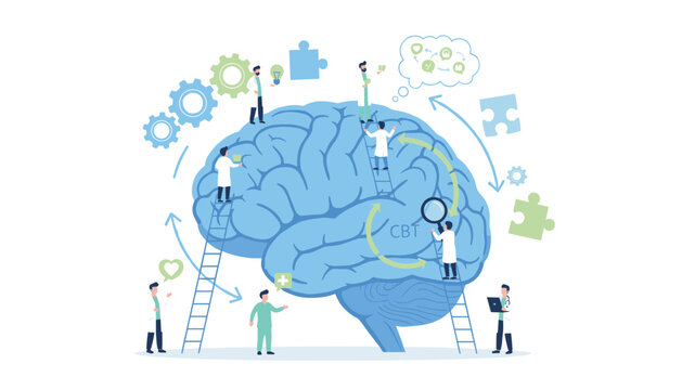 Medical team working on a human brain with gears and puzzle pieces representing cognitive behavioral therapy and mental health.