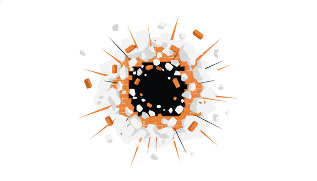 White debris scattered from a square shaped hole in an orange brick wall following a simulated destructive impact.
