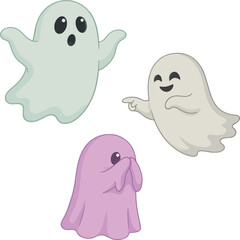 Fototapeta premium Three playful cartoon ghosts floating in a whimsical Halloween scene vector illustration isolated on white background