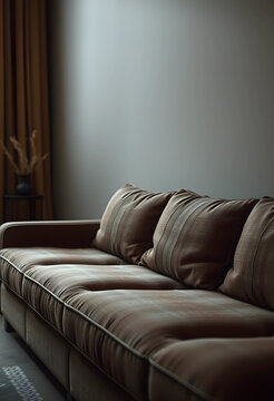 Modern brown fabric sofa with throw pillows in a minimalist living room interior design, the comfortable seating furniture is positioned against a neutral gray wall