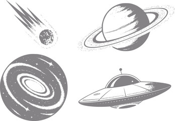 彗星、環のある惑星、銀河、空飛ぶ円盤を特徴とする、ヴィンテージスタイルの宇宙コレクション © simplevector