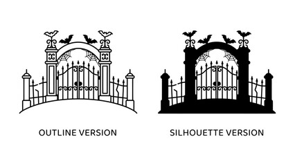 Gothic Gate and Bat Silhouette: A striking pair of ornate gothic gate designs, one presented as an outline and the other as a stark black silhouette. © akash