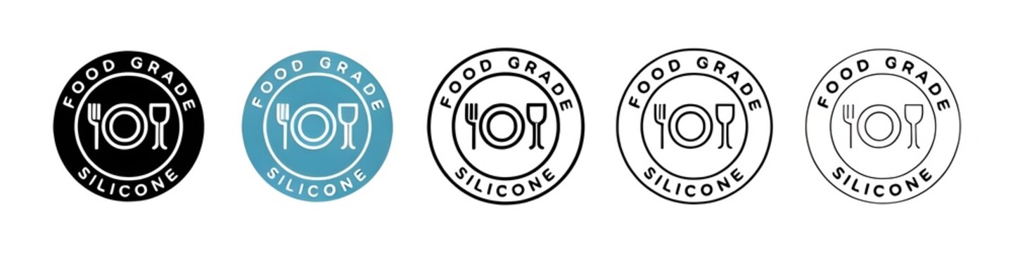 Food grade silicone sign icon set. Plastic safety fork and glass vector icon for ui designs. Thin line customizable illustration. Contour symbol. Vector isolated outline drawing. Editable stroke