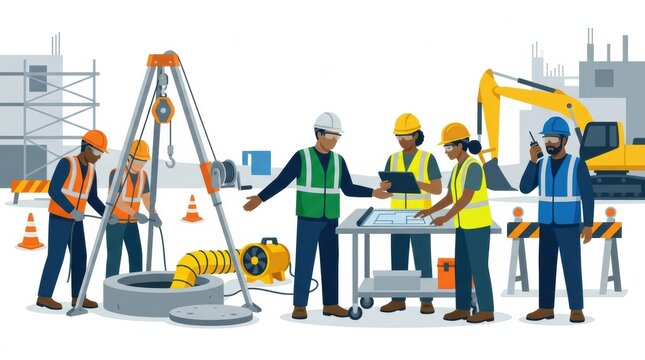 Workers are discussing safety plans and procedures for entering a confined space at an industrial construction site while using equipment.