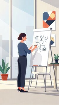 Focused Businesswoman Presenting Strategic Plan on Flipchart in Bright Modern Office, Sunlight Streaming Through Large Windows, Minimalist Decor with Potted Plants, Capturing Professionalism and