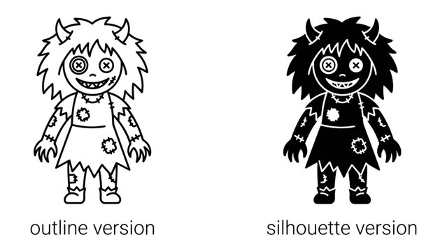 Creepy Doll Icons: A pair of stylized icons featuring a monstrous doll, presented in both outline and silhouette versions. One icon shows the doll's details with fine lines.