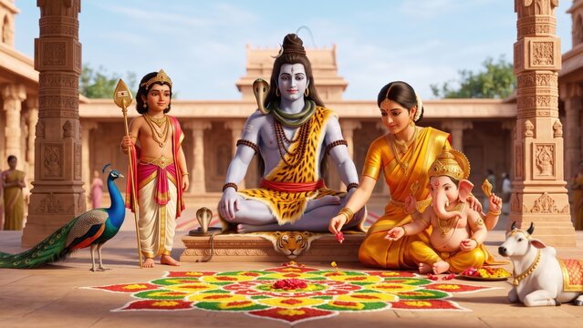 Shiv Parivar Temple Courtyard &ndash; Sacred Rangoli Festival Blessing