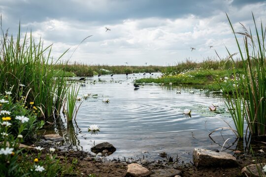 Tranquil Wetland Scene with Dragonflies Hovering Over Calm Water, Lush Green Reeds and Wildflowers, Soft Overcast Light, Rippling Water Surface, Capturing Serenity and Natural Beauty
