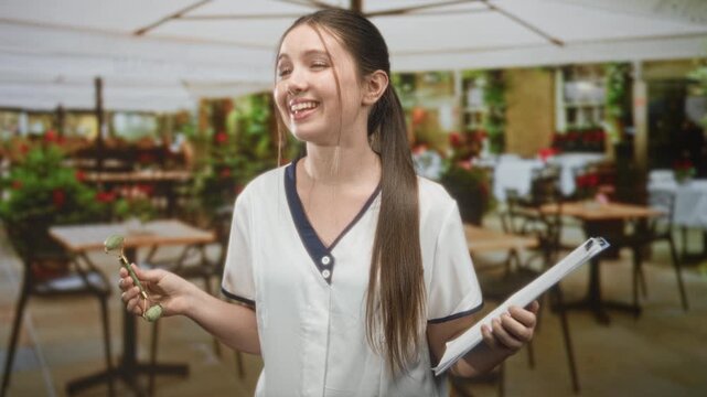Young beautician woman holds jade facial roller and clipboard, smiling at restaurant terrace inside building; wellness care cheerful.