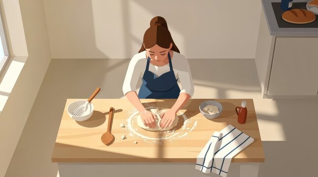 Focused Young Woman Baking Bread in Sunlit Kitchen, Soft Natural Light Streaming Through Window, Wooden Table with Baking Tools, Warm Neutral Tones, Capturing Peaceful Domestic Creativity
