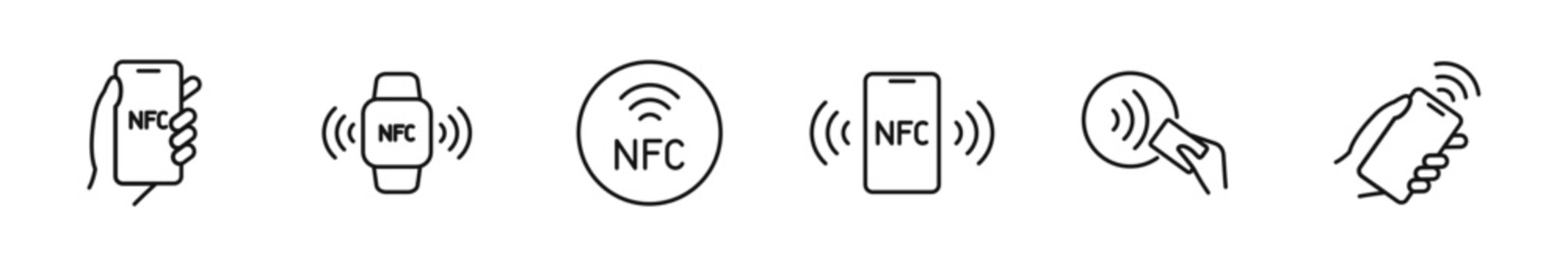NFC payment icon set. Contactless pay icons in line style. Editable web icons NFC technology, credit card, nfc payment, wireless pay etc. Vector illustration.
