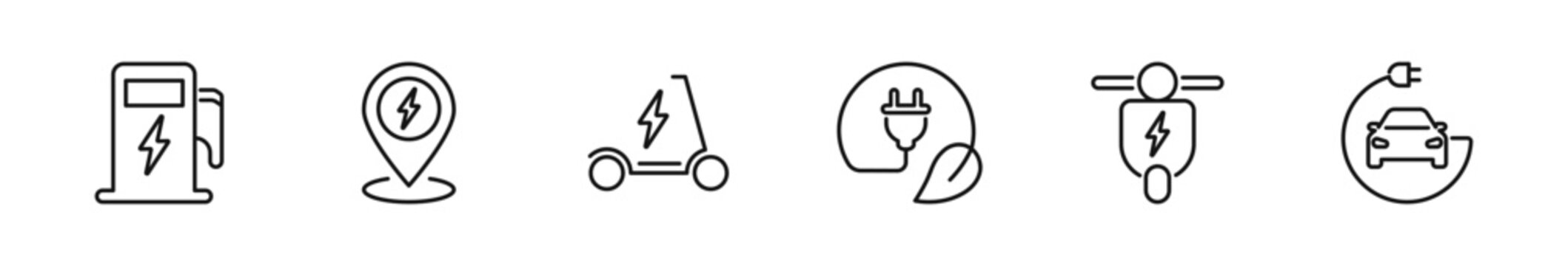 Electric transport icon set. EV vehicle icons in line style. Editable web icons car, battery, charging station, plug, scooter, bicycle etc. Vector illustration.