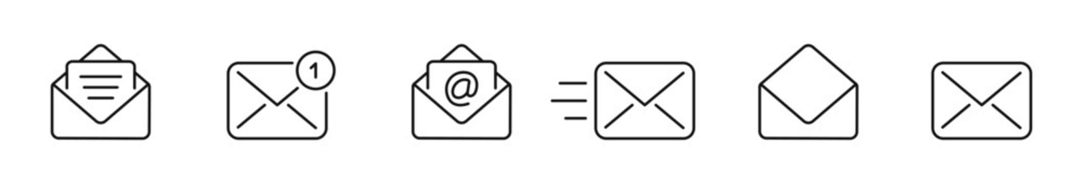 Mail icon set. Email icons in line style. Editable web icons new message, opened and closed envelope, letter in envelope. Vector illustration.