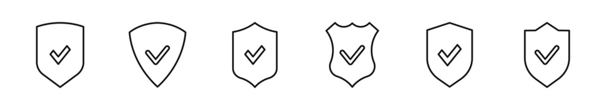 Shield with check mark icon set. Shield icons in line style. Editable web icons security, approve, accept, secure access, protection. Vector illustration.