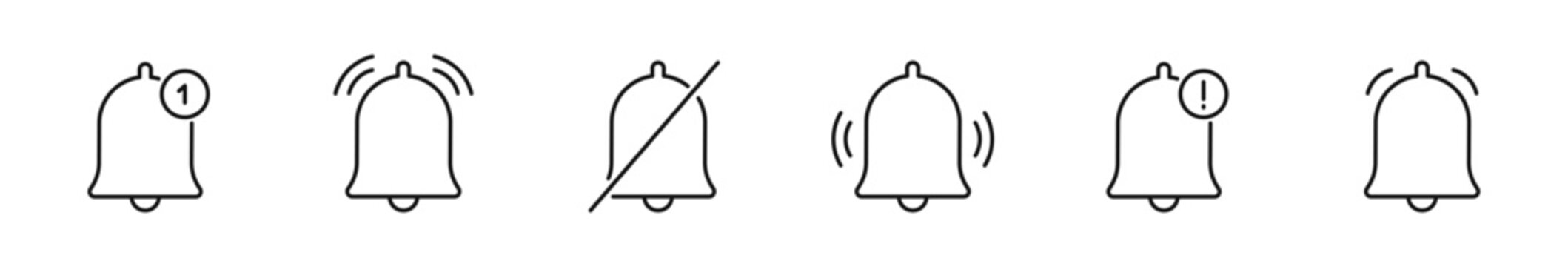 Notification bell icon. Bell icons in line style. Editable web icons for new notification, incoming message, reminder and alert. Vector illustration.