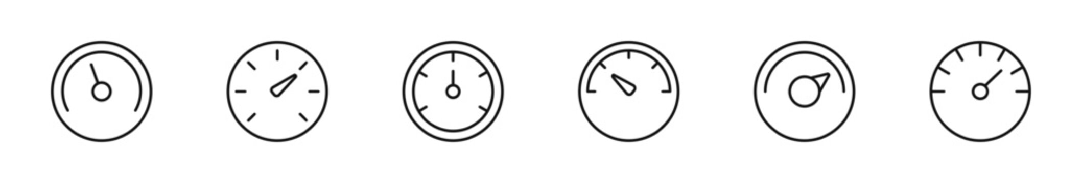Speedometer icon set. Speed indicator icons in line style. Editable web icons gauge, dashboard, tachometer, scale. Vector illustration.