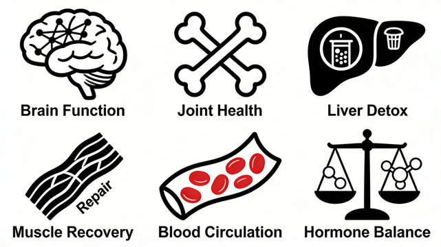 The multi organ function maintenance icon represents the concept of brain and liver health, muscle repair, and regulating hormones in the body to promote blood circulation.
