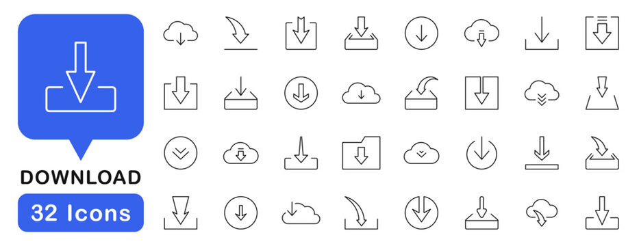 Download line icon set. Download files icons in line style. Editable web icons data download, upload cloud storage etc. Vector illustration.
