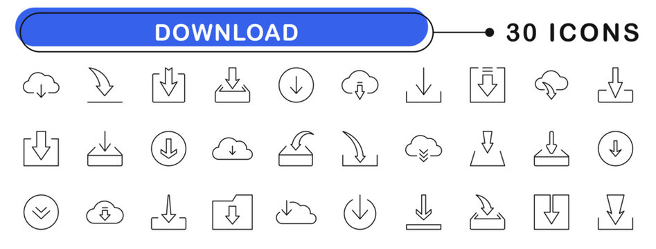 Download line icon set. Download files icons. Data download icon. Upload cloud storage sign. Editable stroke. Vector illustration.