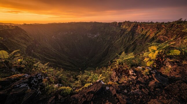 Majestic Volcanic Crater at Sunrise in Lush Tropical Landscape, Golden Light Illuminating Rugged Terrain, Verdant Foliage and Dramatic Sky, Capturing Nature's Grandeur and Serenity