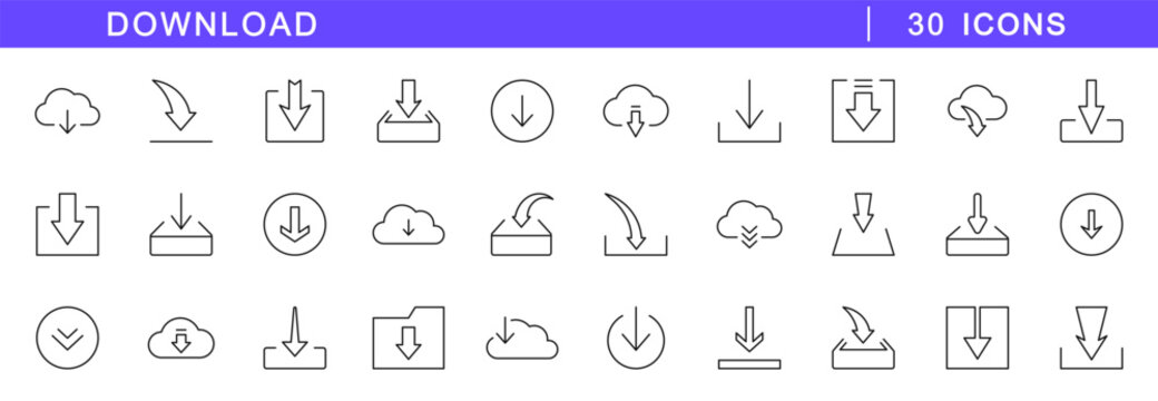 Download line icon set. Download files icons in line style. Editable web icons data download, upload cloud storage etc. Vector illustration.