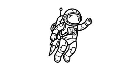 Fototapeta premium Cute cartoon astronaut in a space suit, flying with a rocket jetpack. Hand-drawn line art illustration for space exploration and adventure.