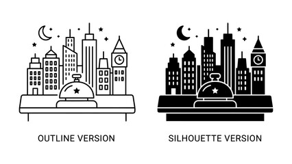 Cityscape Hotel Service: A striking comparison between an outline and silhouette version of a city skyline at night, featuring iconic buildings and a prominent hotel reception bell. © rumana