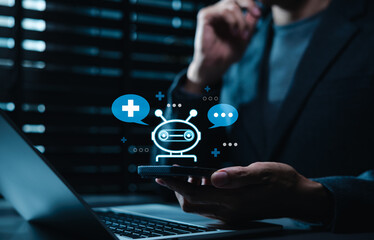 Fototapeta premium AI chatbot medical consultant assistant system concept. Person using smartphone to communicate with virtual doctor, analyzing symptoms, telehealth healthcare insurance support, online clinic advisor
