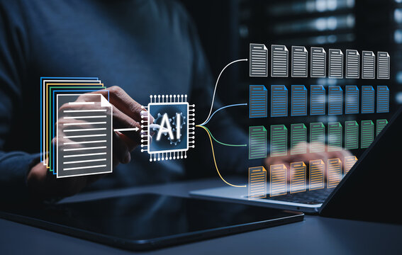 AI document processing and automated file classification concept. Person using laptop to categorize digital paperwork, data extraction, document sorting, workflow automation, archive management system