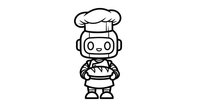 Cute cartoon robot chef holding a fresh loaf of bread, an adorable monochrome line art illustration for bakery, cooking, or technology themes.