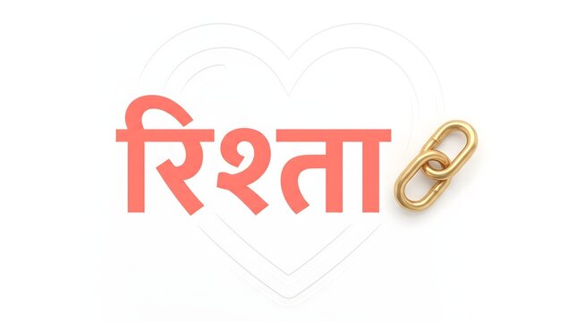 Hindi word rishta with metallic chain links symbolizing connection on soft heart backdrop.