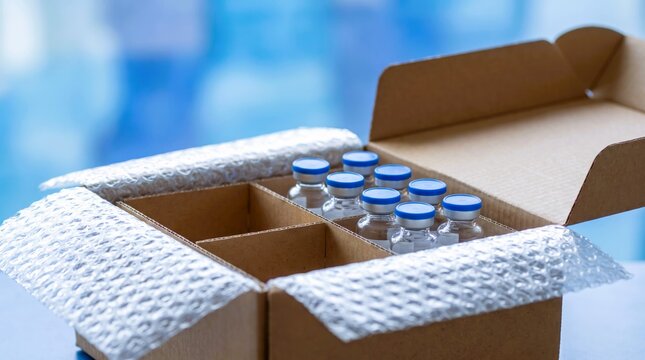 Glass medical vials with blue caps arranged inside a cardboard shipping box protected by white bubble wrap packaging material
