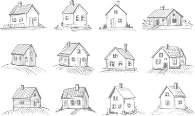 白い背景に様々な小さな郊外の家やコテージを描いた手書きのコレクション © simplevector