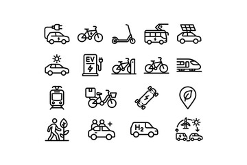 Fototapeta premium Sustainable electric transportation thin line vector icons