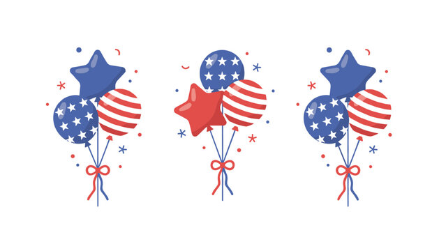 Decorative clusters of red blue and white balloons with star and stripe patterns designed for independence day celebrations.