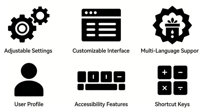 The software function setting icon represents the concept of customizing the interface, adapting to multiple languages, and optimizing the user experience through shortcut keys.
