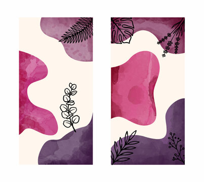 Abstract botanical watercolor background set with pink and purple organic shapes and black line art leaves