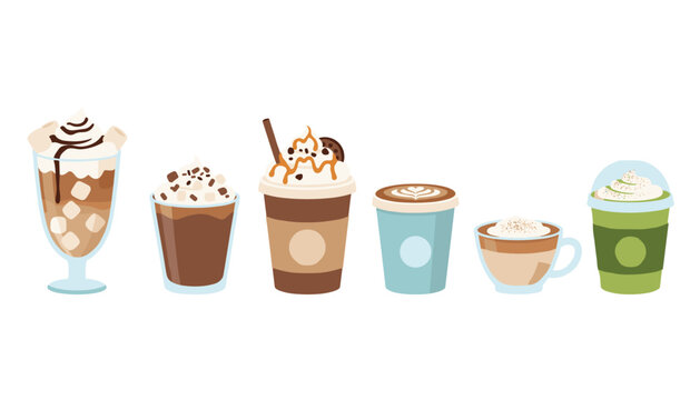 A collection of various coffee drinks, lattes, and frappes featuring whipped cream toppings and sweet syrups served in assorted glassware.
