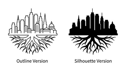 Cityscape with Roots: Two contrasting depictions of a city skyline, one in outline and the other as a silhouette, both anchored by strong root systems, symbolizing urban growth and foundation. © nila