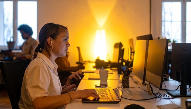 Visually impaired professional using assistive tech at work. Blind employee navigating computer with screen reader software in modern office.